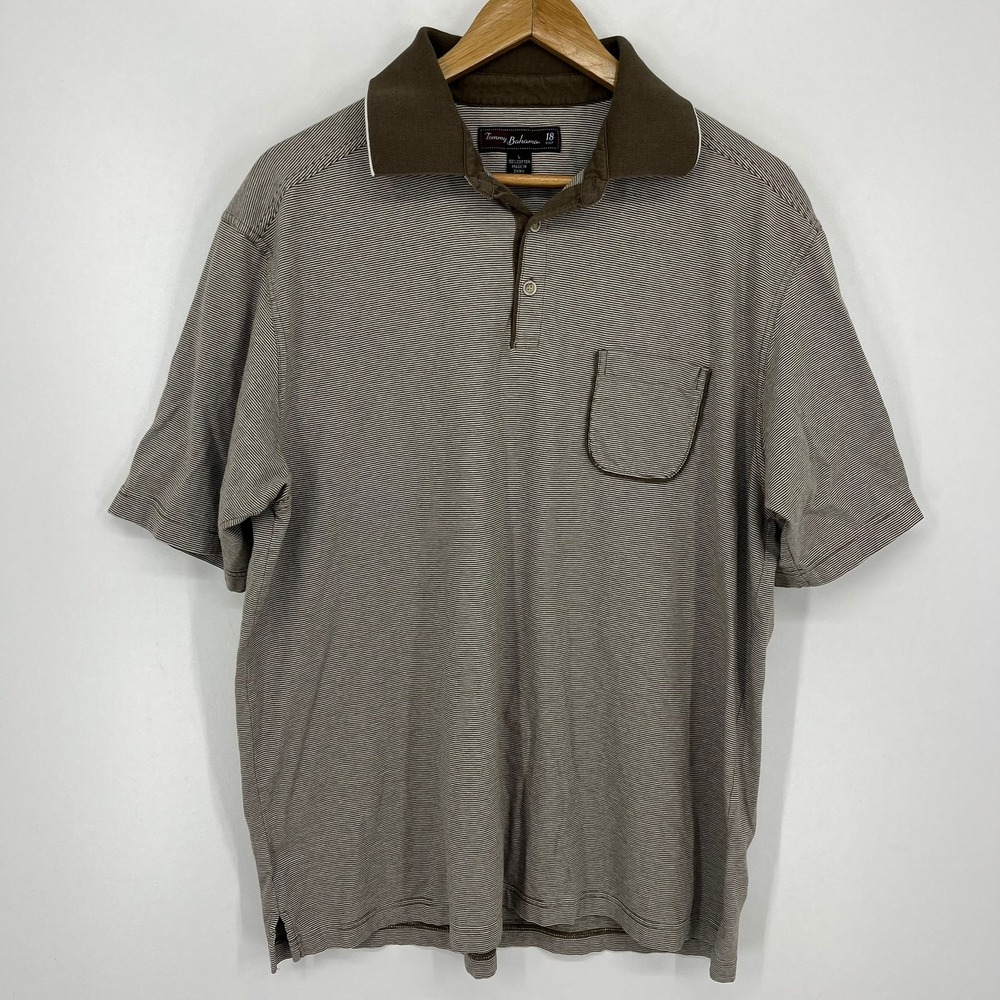 Tommy Bahama 18 Golf Mens Large Brown Micro Stripe Short Sleeve Polo Shirt L